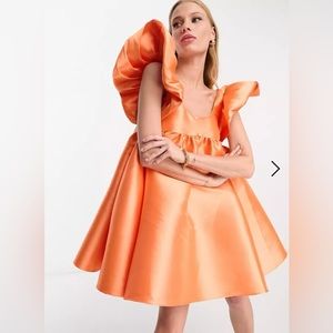 ASOS EDITION structured satin trapeze mini dress with ruffle sleeve